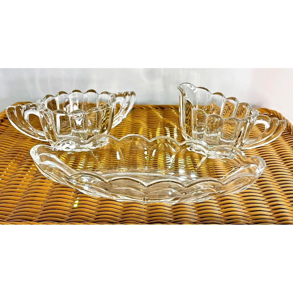 Vintage Heisey Clear Glass Creamer, Sugar & Oval Bowl – Diamond H Scalloped Set